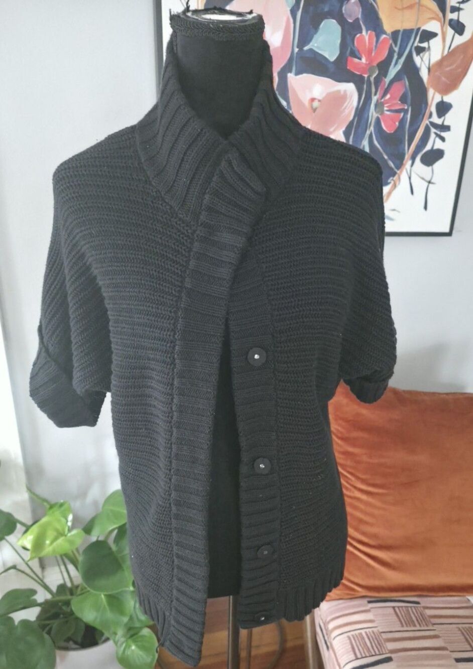 Banana Republic Black Shawl Collar Heavyweight Rib-Knit Button Cardigan M
